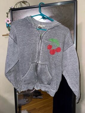 JET Y2K Grey Varsity-Style Hoodie Jacket with Red Cherry Graphic